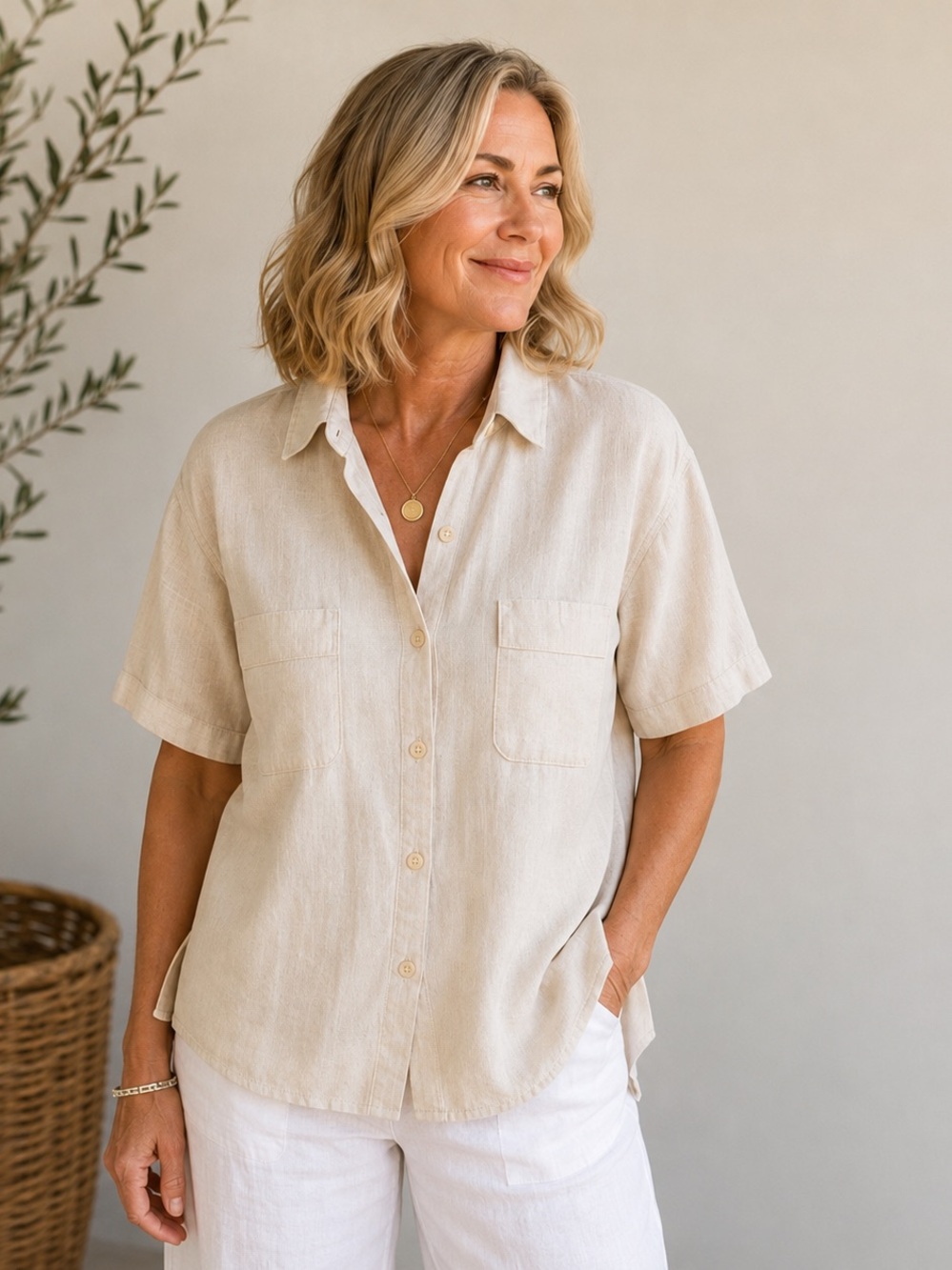Leigh Morgan Linen Cotton Button Up Shirt L Ivory Coastal Grandmother Minimalist